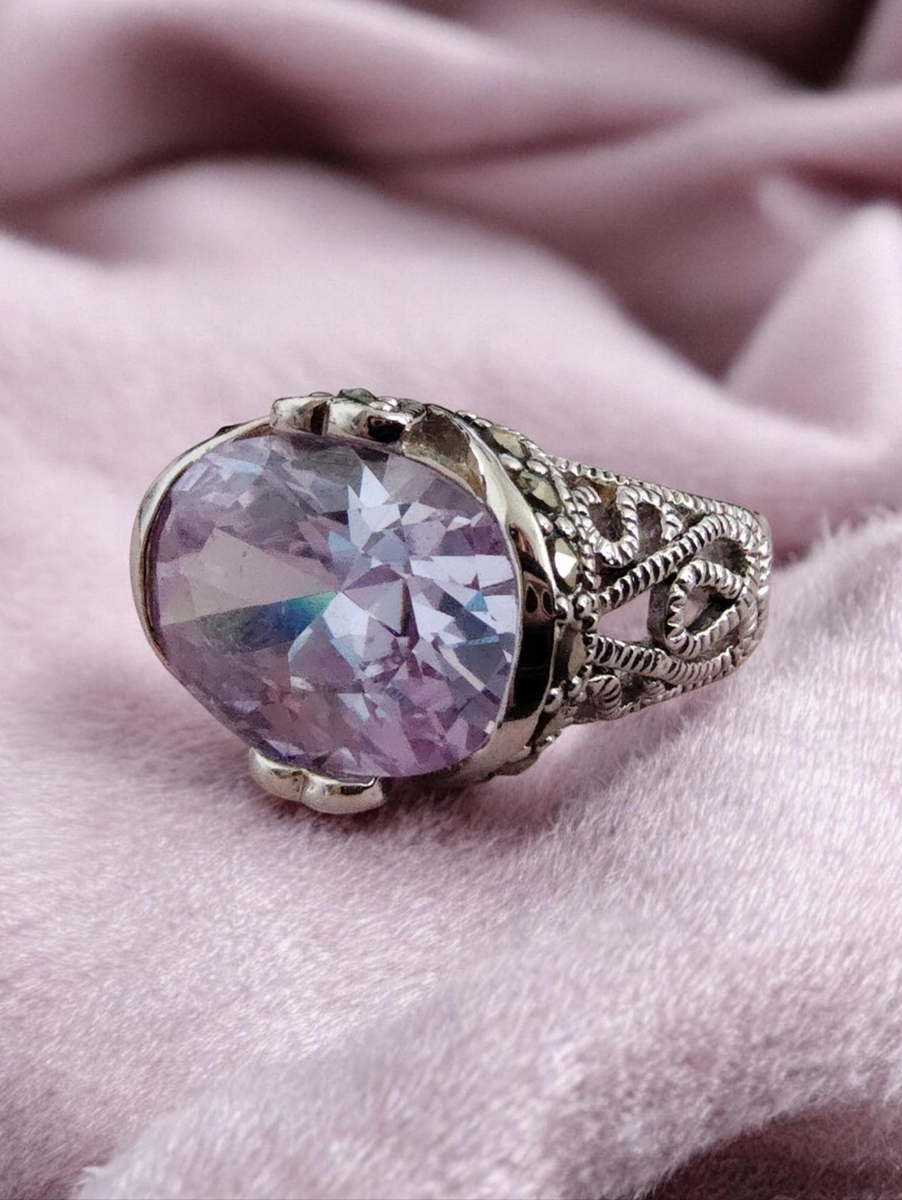 Sterling Silver Lavender CZ Statement Ring Size 6 Vintage Style Marcasite Detail